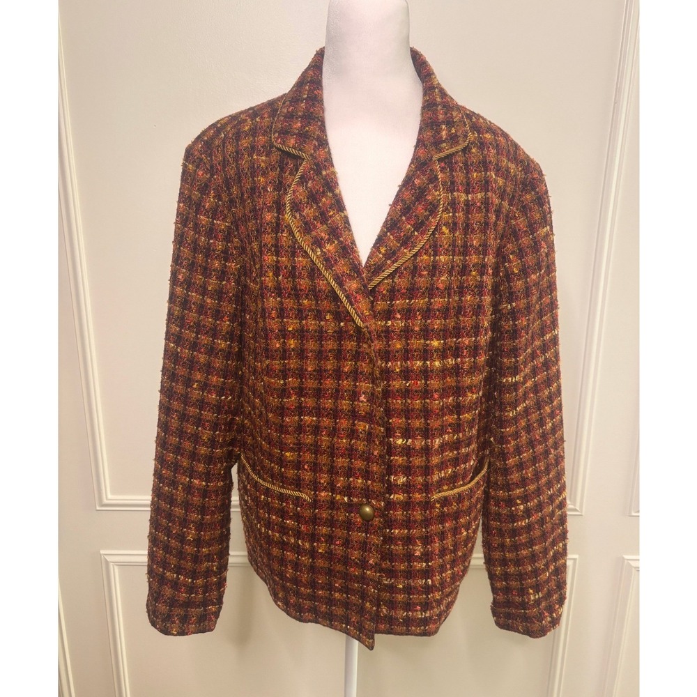 Coldwater Creek Womens XL Tweed Blazer Burgundy Orange Gold Braided Trim Jacket